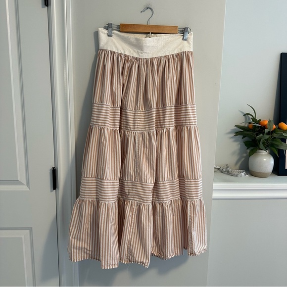 THE GREAT. Pink White Striped Cotton Tiered Maxi Skirt Small - Picture 10 of 10
